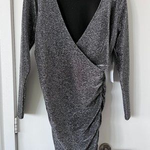 NWT Leith Silver Metallic Wrap Cocktail Dress